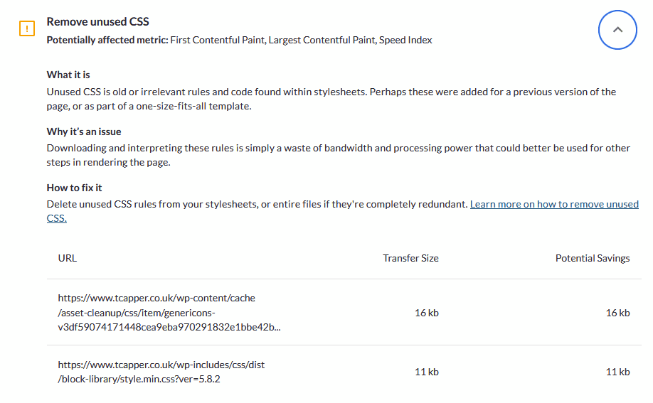 Highlighted opportunity to remove unused CSS in Moz Pro Performance Metrics